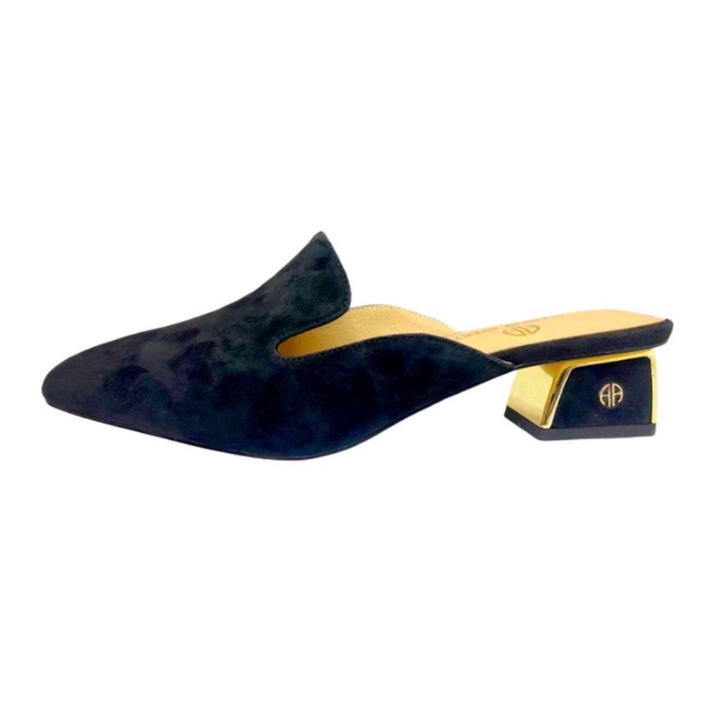 Allison Avery Mule Women 10.5 Black Suede Pointed Toe Gold Block Heel Minimalist